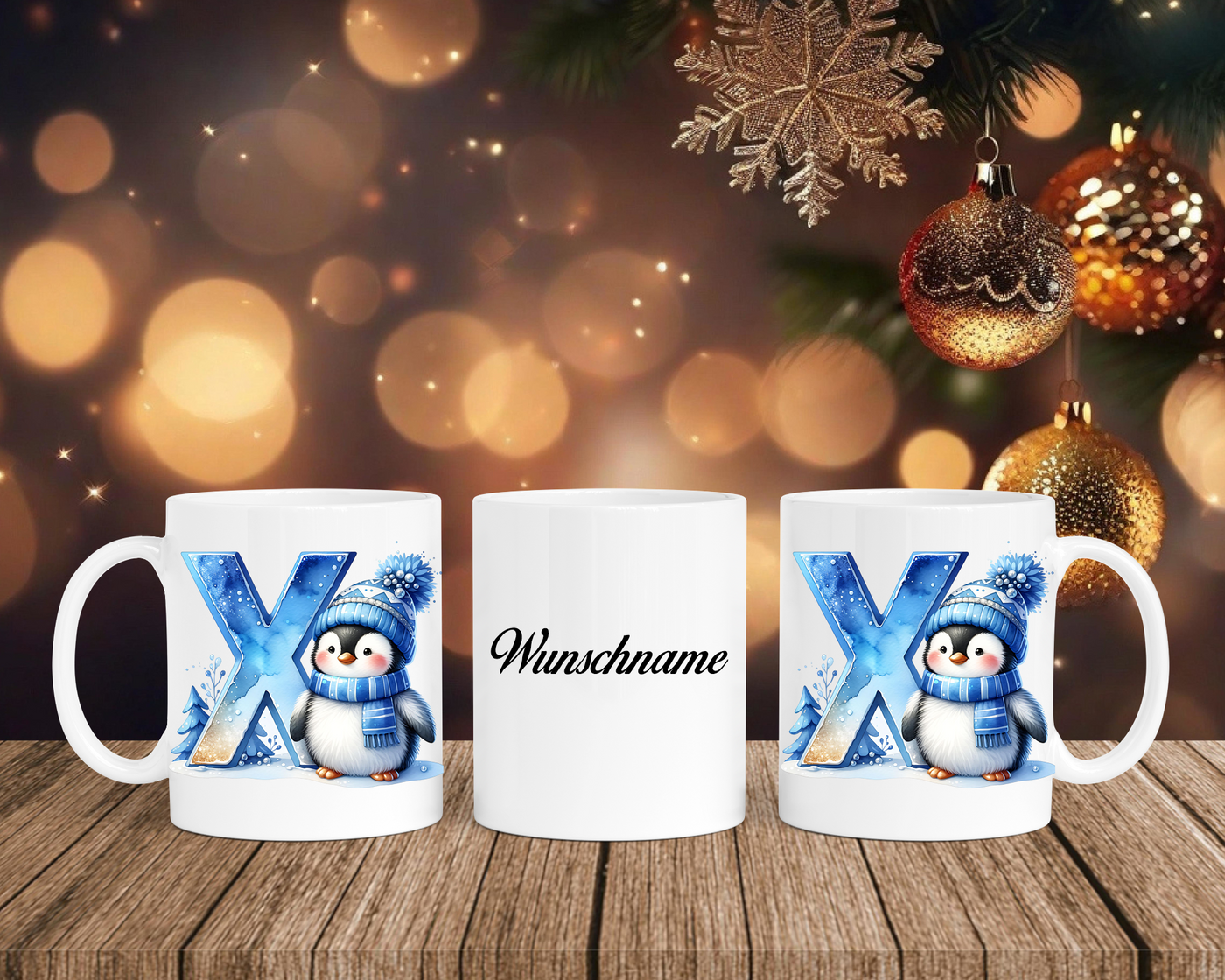 Personalisierte Keramik-Tasse in Weiß-mit Pinguin Blau-Alphabet & Namen