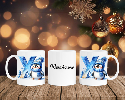 Personalisierte Keramik-Tasse in Weiß-mit Pinguin Blau-Alphabet & Namen