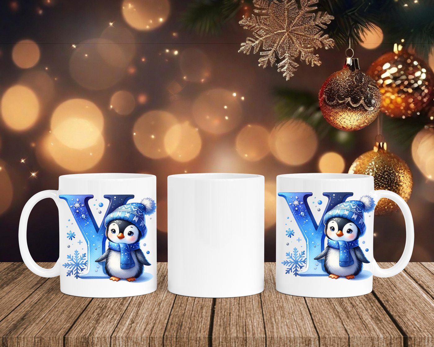 Personalisierte Keramik-Tasse in Weiß-mit Pinguin Blau-Alphabet & Namen