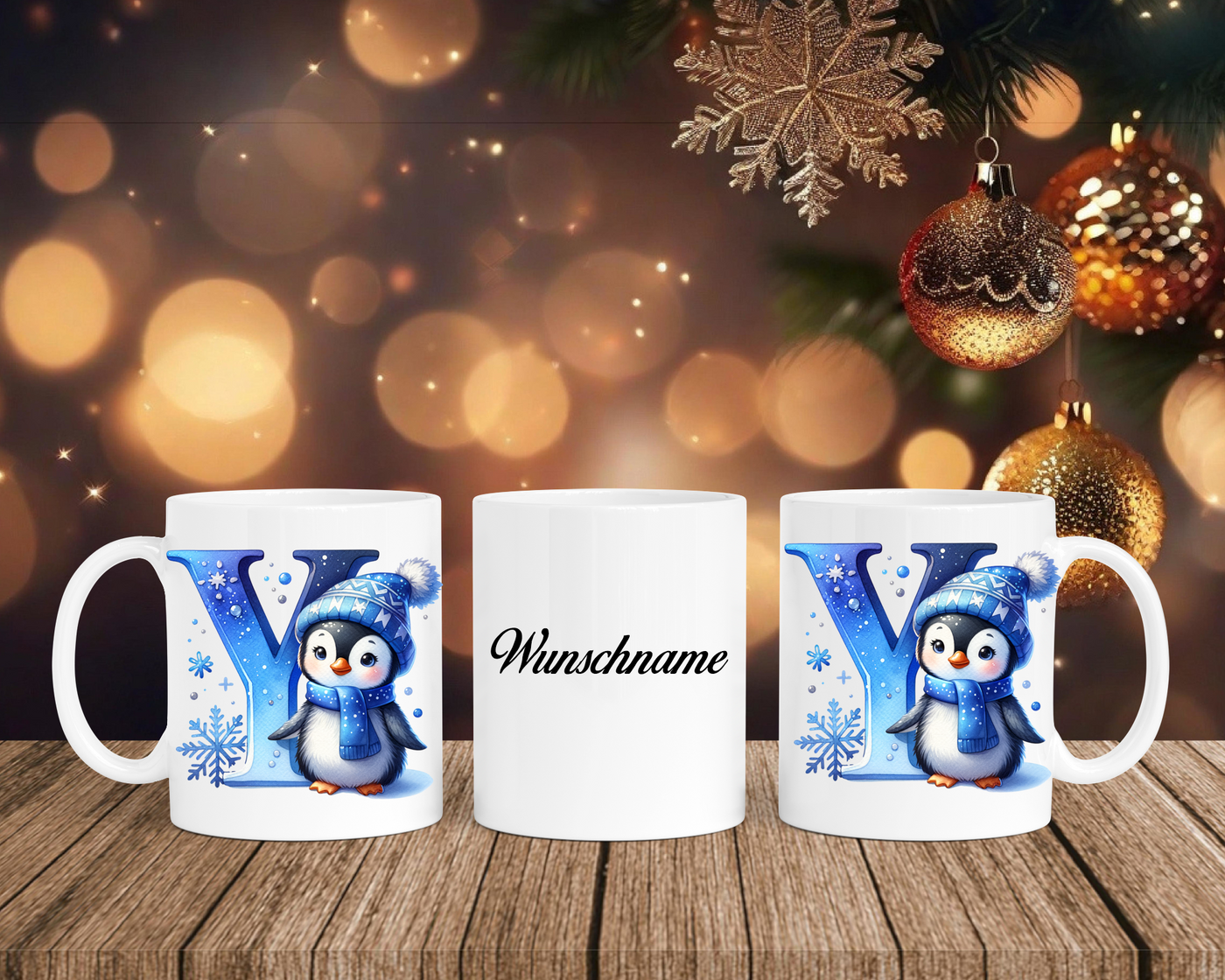 Personalisierte Keramik-Tasse in Weiß-mit Pinguin Blau-Alphabet & Namen