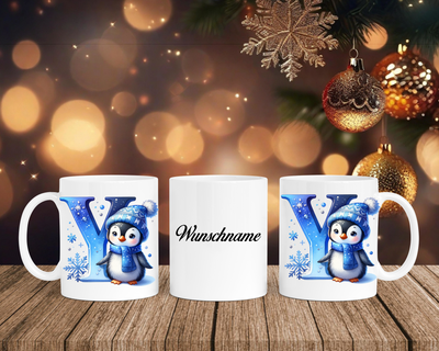 Personalisierte Keramik-Tasse in Weiß-mit Pinguin Blau-Alphabet & Namen