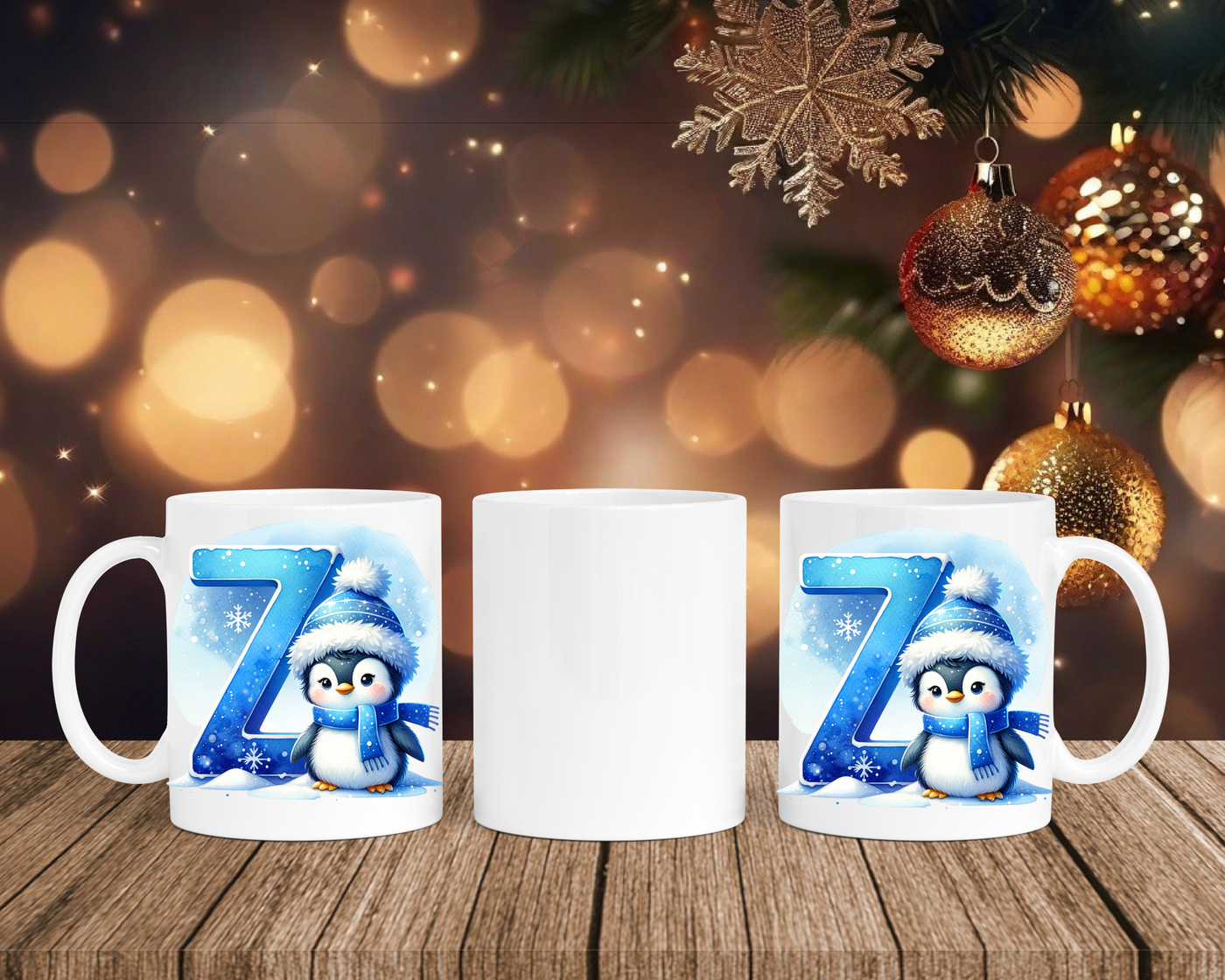 Personalisierte Keramik-Tasse in Weiß-mit Pinguin Blau-Alphabet & Namen