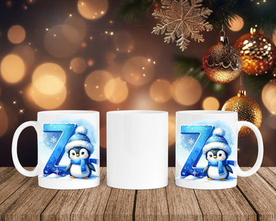Personalisierte Keramik-Tasse in Weiß-mit Pinguin Blau-Alphabet & Namen