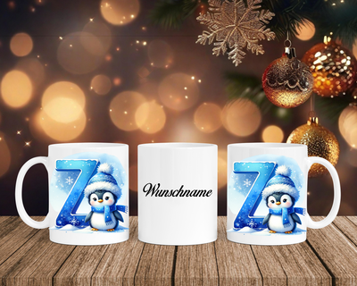 Personalisierte Keramik-Tasse in Weiß-mit Pinguin Blau-Alphabet & Namen
