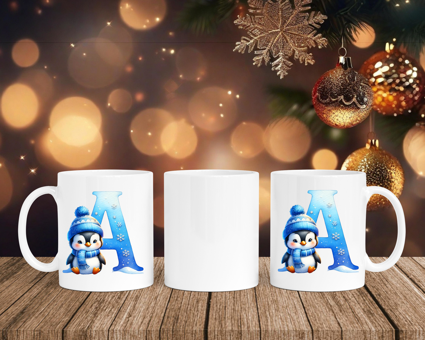 Personalisierte Keramik-Tasse in Weiß-mit Pinguin Blau-Alphabet & Namen