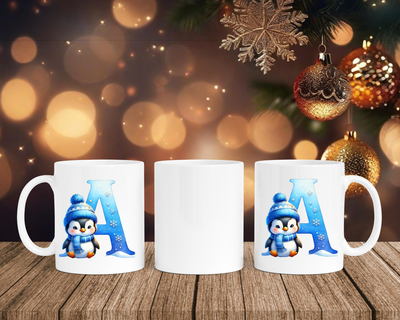 Personalisierte Keramik-Tasse in Weiß-mit Pinguin Blau-Alphabet & Namen
