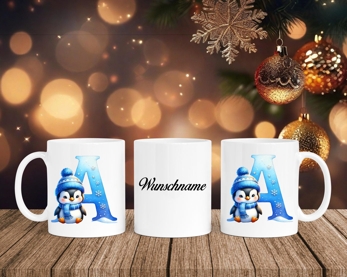 Personalisierte Keramik-Tasse in Weiß-mit Pinguin Blau-Alphabet & Namen