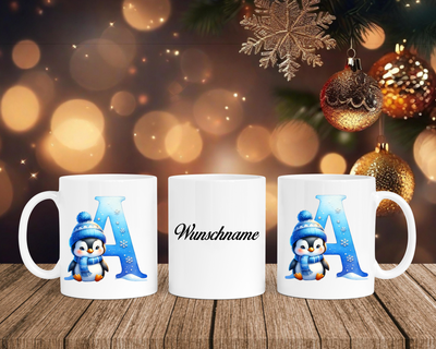 Personalisierte Keramik-Tasse in Weiß-mit Pinguin Blau-Alphabet & Namen