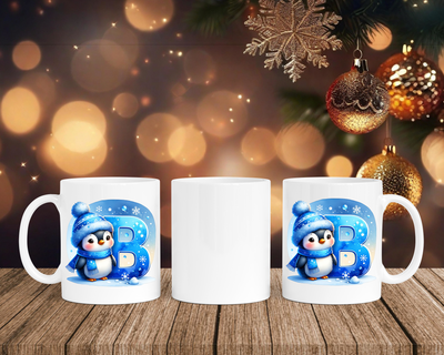 Personalisierte Keramik-Tasse in Weiß-mit Pinguin Blau-Alphabet & Namen