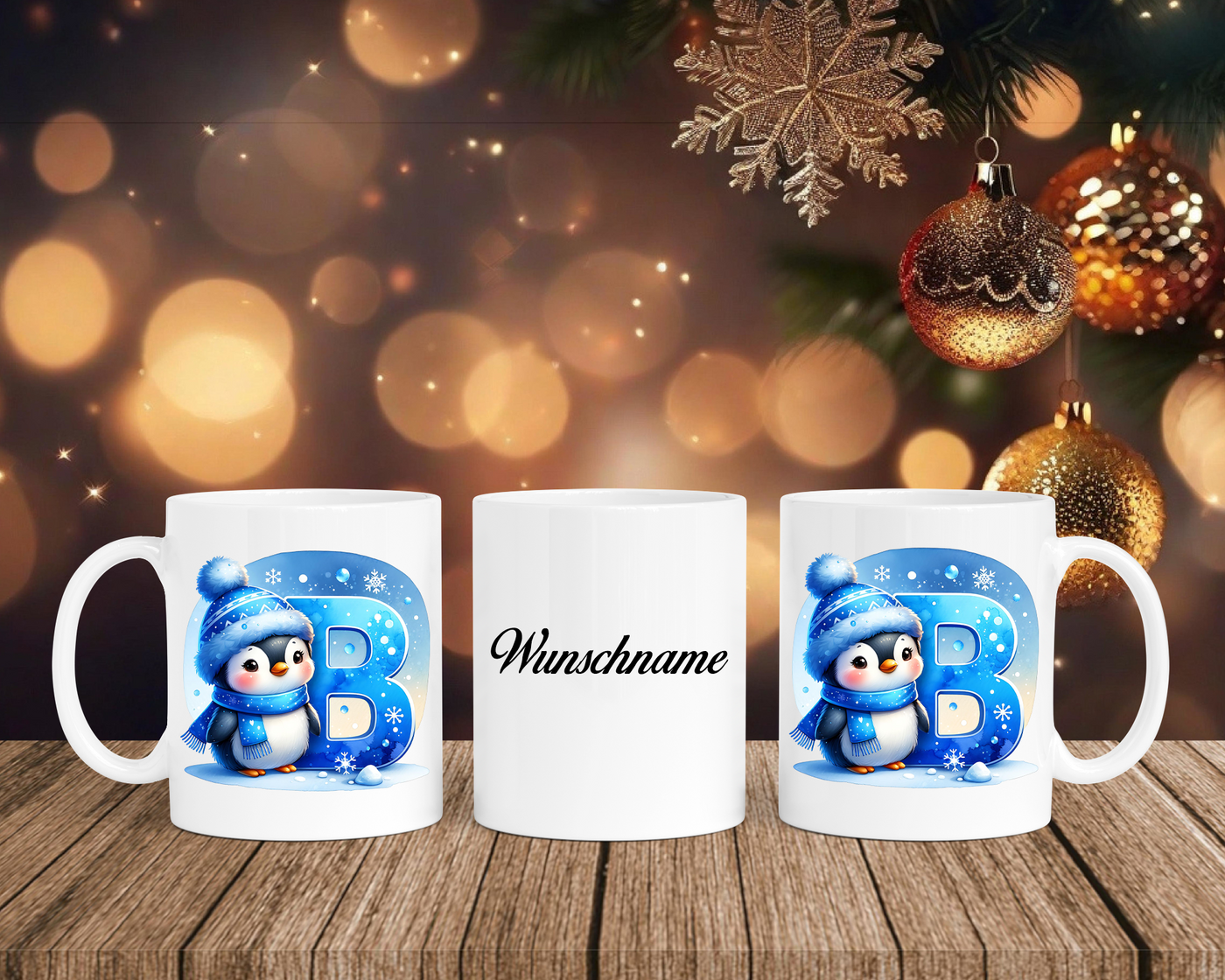 Personalisierte Keramik-Tasse in Weiß-mit Pinguin Blau-Alphabet & Namen