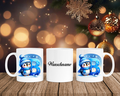Personalisierte Keramik-Tasse in Weiß-mit Pinguin Blau-Alphabet & Namen