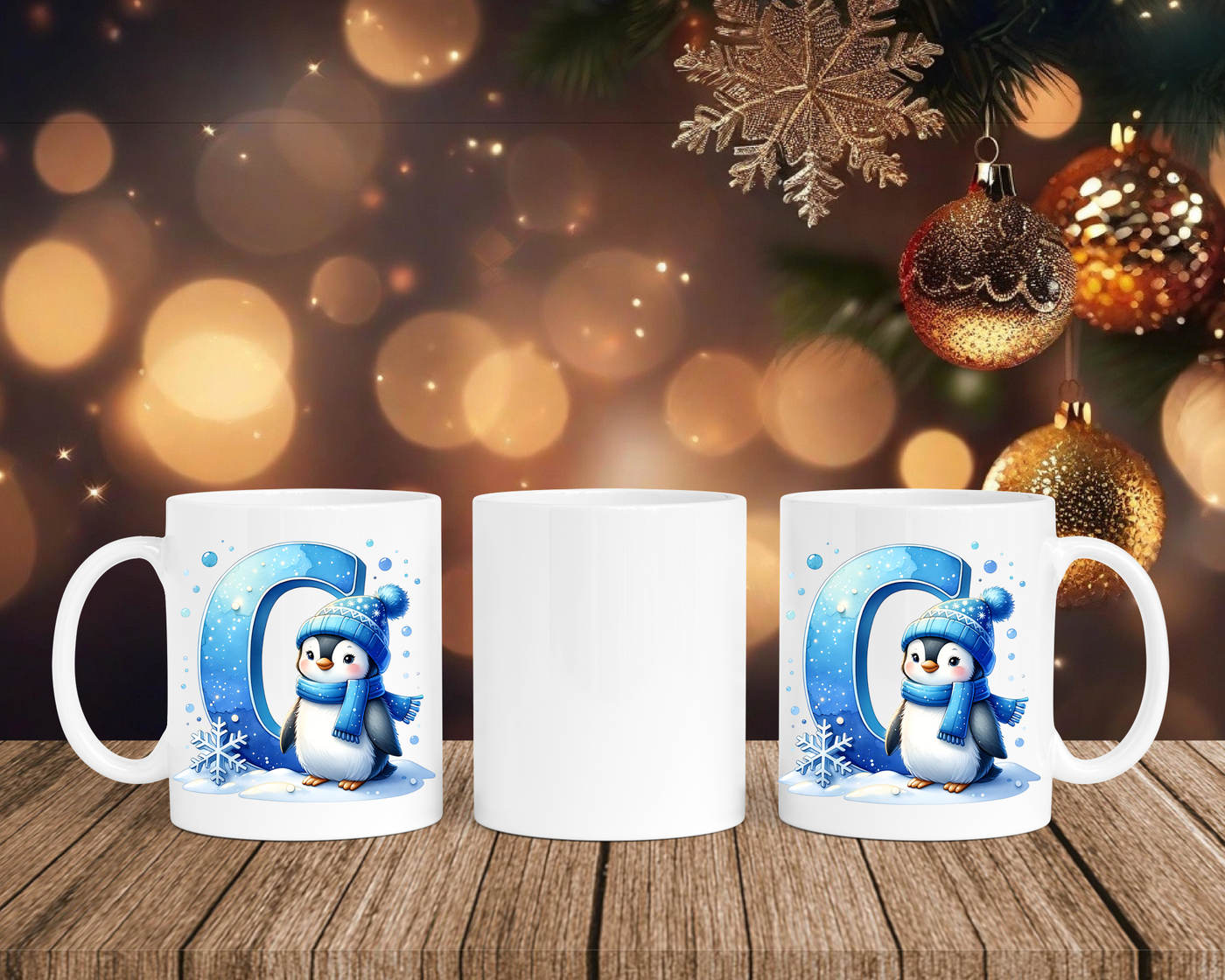 Personalisierte Keramik-Tasse in Weiß-mit Pinguin Blau-Alphabet & Namen