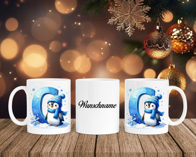 Personalisierte Keramik-Tasse in Weiß-mit Pinguin Blau-Alphabet & Namen