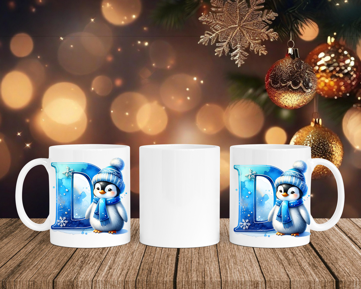 Personalisierte Keramik-Tasse in Weiß-mit Pinguin Blau-Alphabet & Namen
