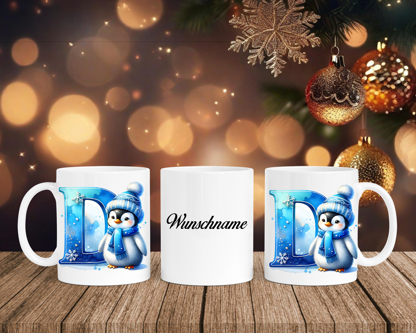 Personalisierte Keramik-Tasse in Weiß-mit Pinguin Blau-Alphabet & Namen