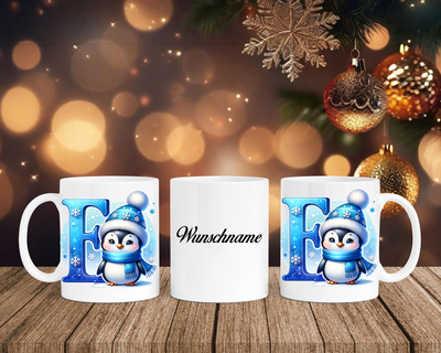 Personalisierte Keramik-Tasse in Weiß-mit Pinguin Blau-Alphabet & Namen
