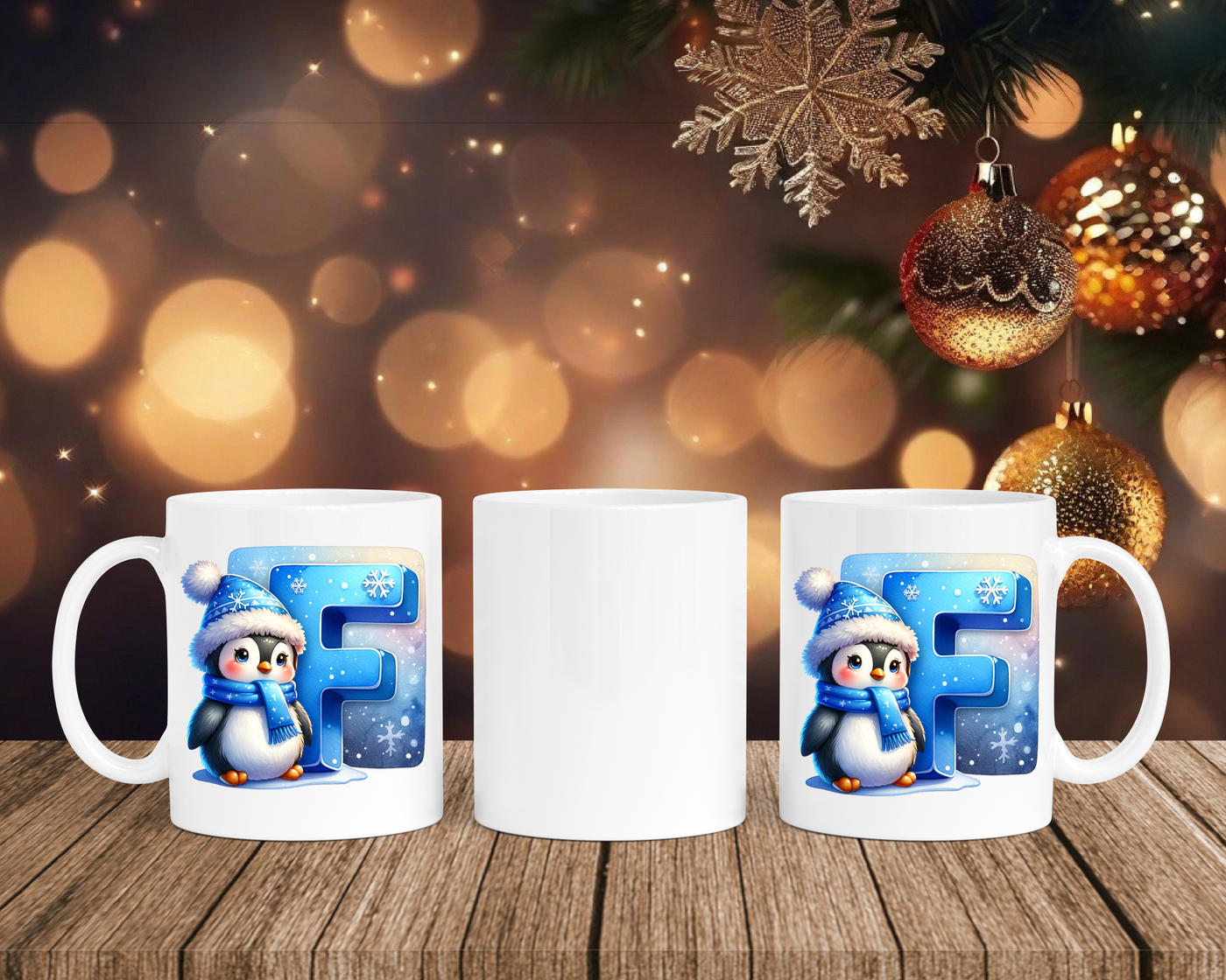 Personalisierte Keramik-Tasse in Weiß-mit Pinguin Blau-Alphabet & Namen