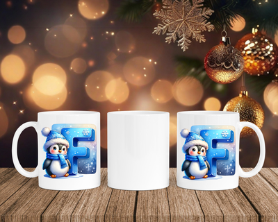 Personalisierte Keramik-Tasse in Weiß-mit Pinguin Blau-Alphabet & Namen