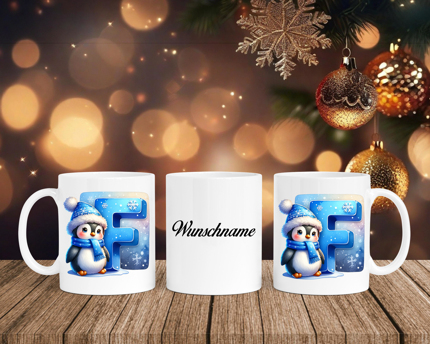 Personalisierte Keramik-Tasse in Weiß-mit Pinguin Blau-Alphabet & Namen