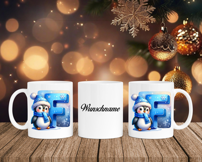 Personalisierte Keramik-Tasse in Weiß-mit Pinguin Blau-Alphabet & Namen