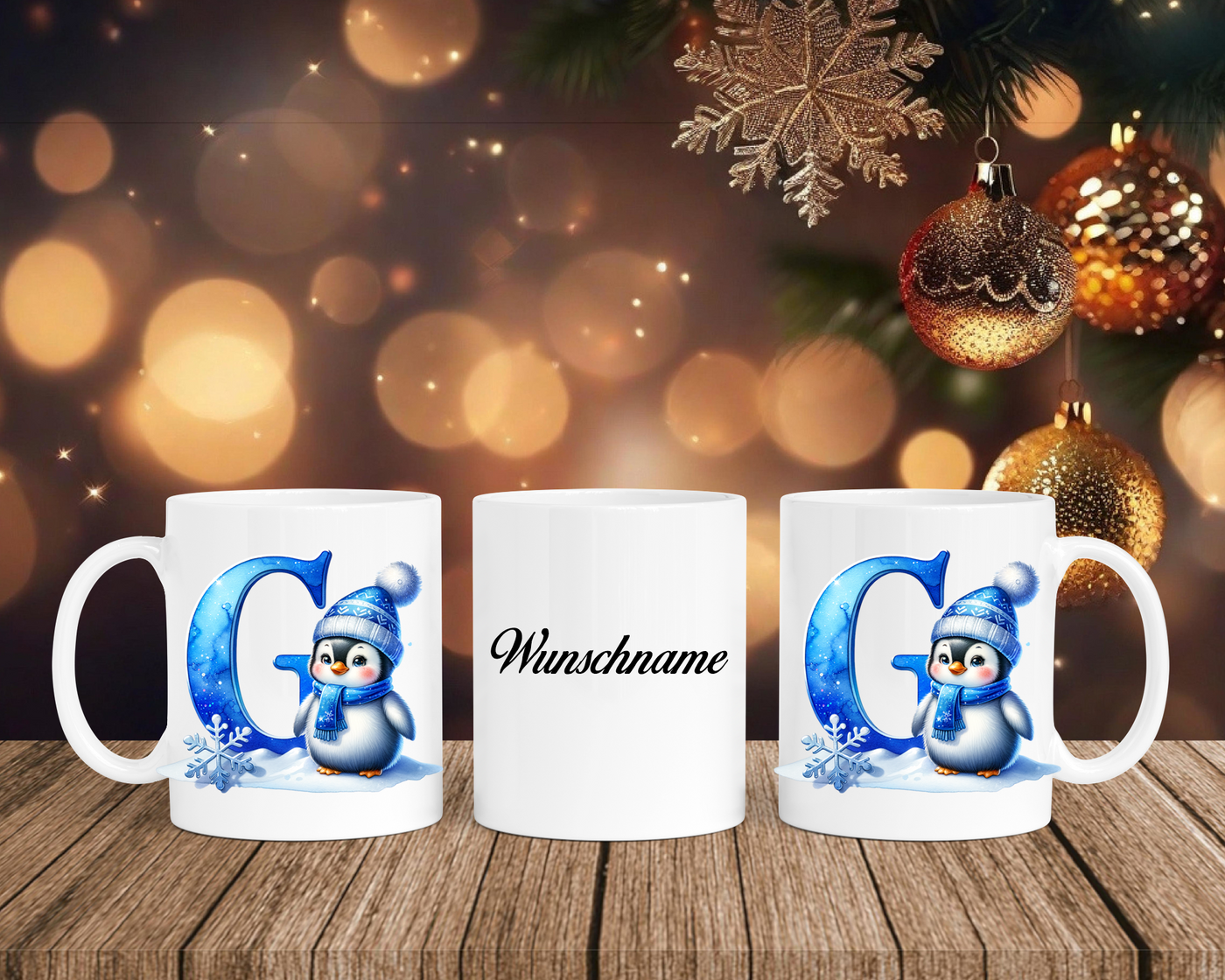 Personalisierte Keramik-Tasse in Weiß-mit Pinguin Blau-Alphabet & Namen