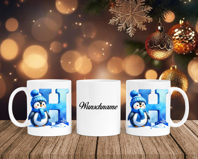 Personalisierte Keramik-Tasse in Weiß-mit Pinguin Blau-Alphabet & Namen