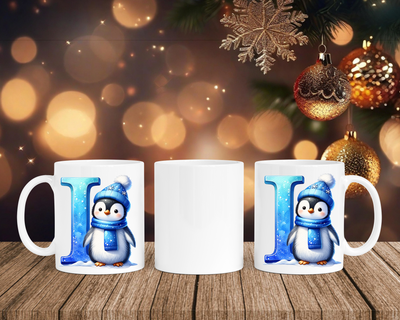 Personalisierte Keramik-Tasse in Weiß-mit Pinguin Blau-Alphabet & Namen