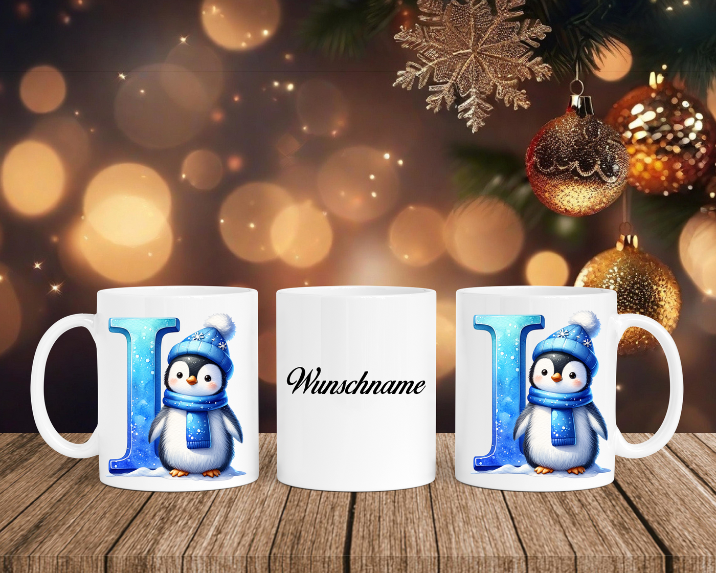 Personalisierte Keramik-Tasse in Weiß-mit Pinguin Blau-Alphabet & Namen