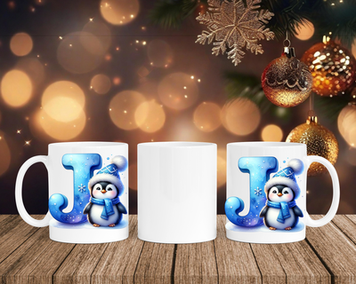 Personalisierte Keramik-Tasse in Weiß-mit Pinguin Blau-Alphabet & Namen