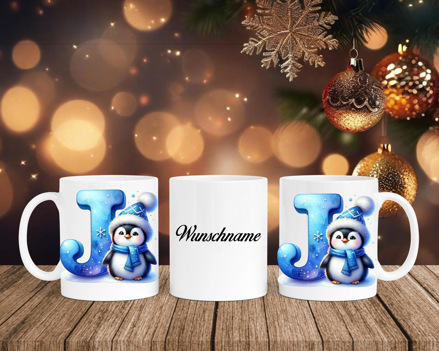 Personalisierte Keramik-Tasse in Weiß-mit Pinguin Blau-Alphabet & Namen