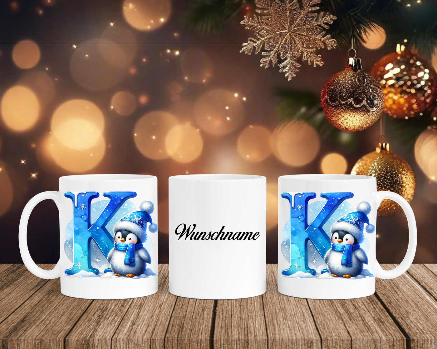 Personalisierte Keramik-Tasse in Weiß-mit Pinguin Blau-Alphabet & Namen