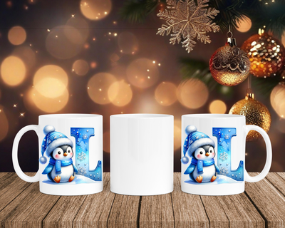 Personalisierte Keramik-Tasse in Weiß-mit Pinguin Blau-Alphabet & Namen