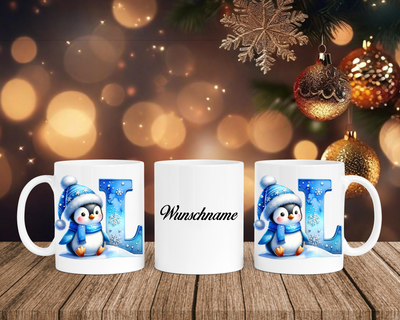 Personalisierte Keramik-Tasse in Weiß-mit Pinguin Blau-Alphabet & Namen