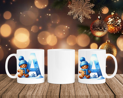 Personalisierte Keramik-Tasse in Weiß-mit Lebkuchen Blau-Alphabet & Namen
