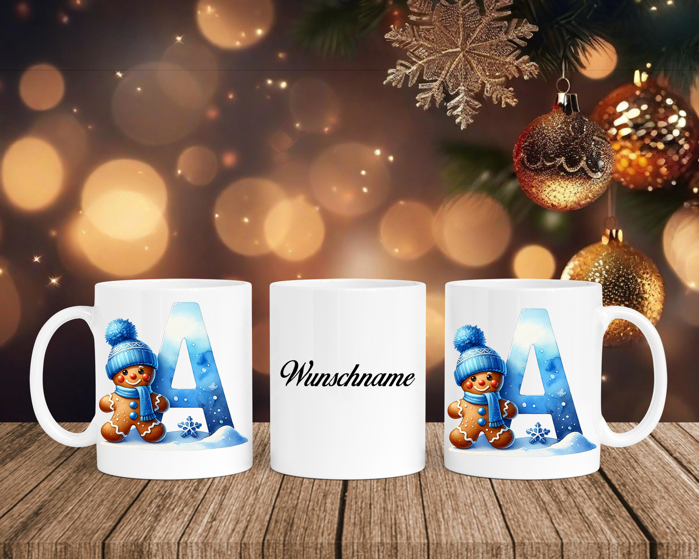 Personalisierte Keramik-Tasse in Weiß-mit Lebkuchen Blau-Alphabet & Namen