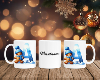 Personalisierte Keramik-Tasse in Weiß-mit Lebkuchen Blau-Alphabet & Namen
