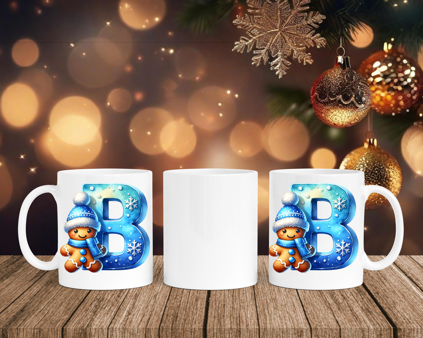 Personalisierte Keramik-Tasse in Weiß-mit Lebkuchen Blau-Alphabet & Namen