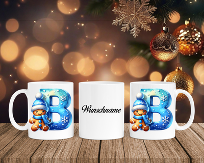 Personalisierte Keramik-Tasse in Weiß-mit Lebkuchen Blau-Alphabet & Namen
