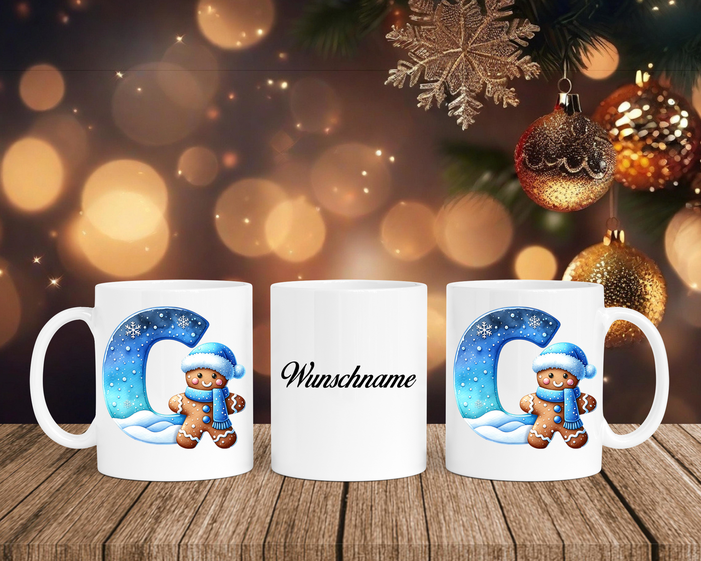 Personalisierte Keramik-Tasse in Weiß-mit Lebkuchen Blau-Alphabet & Namen