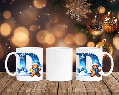 Personalisierte Keramik-Tasse in Weiß-mit Lebkuchen Blau-Alphabet & Namen