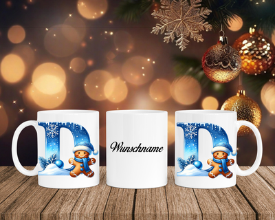 Personalisierte Keramik-Tasse in Weiß-mit Lebkuchen Blau-Alphabet & Namen