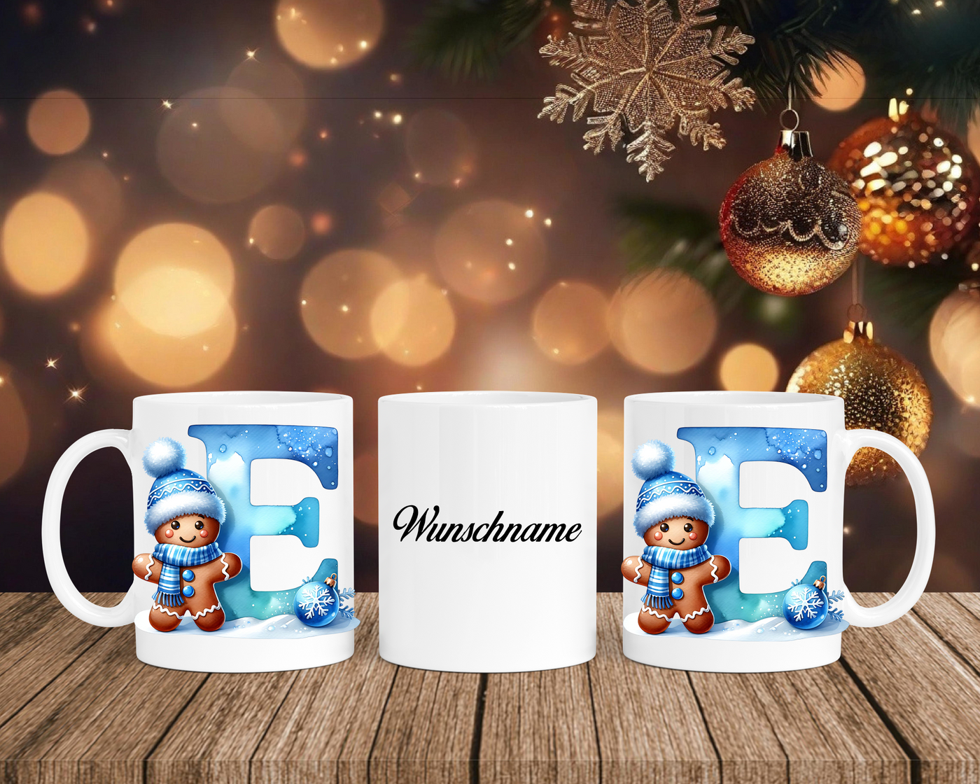 Personalisierte Keramik-Tasse in Weiß-mit Lebkuchen Blau-Alphabet & Namen