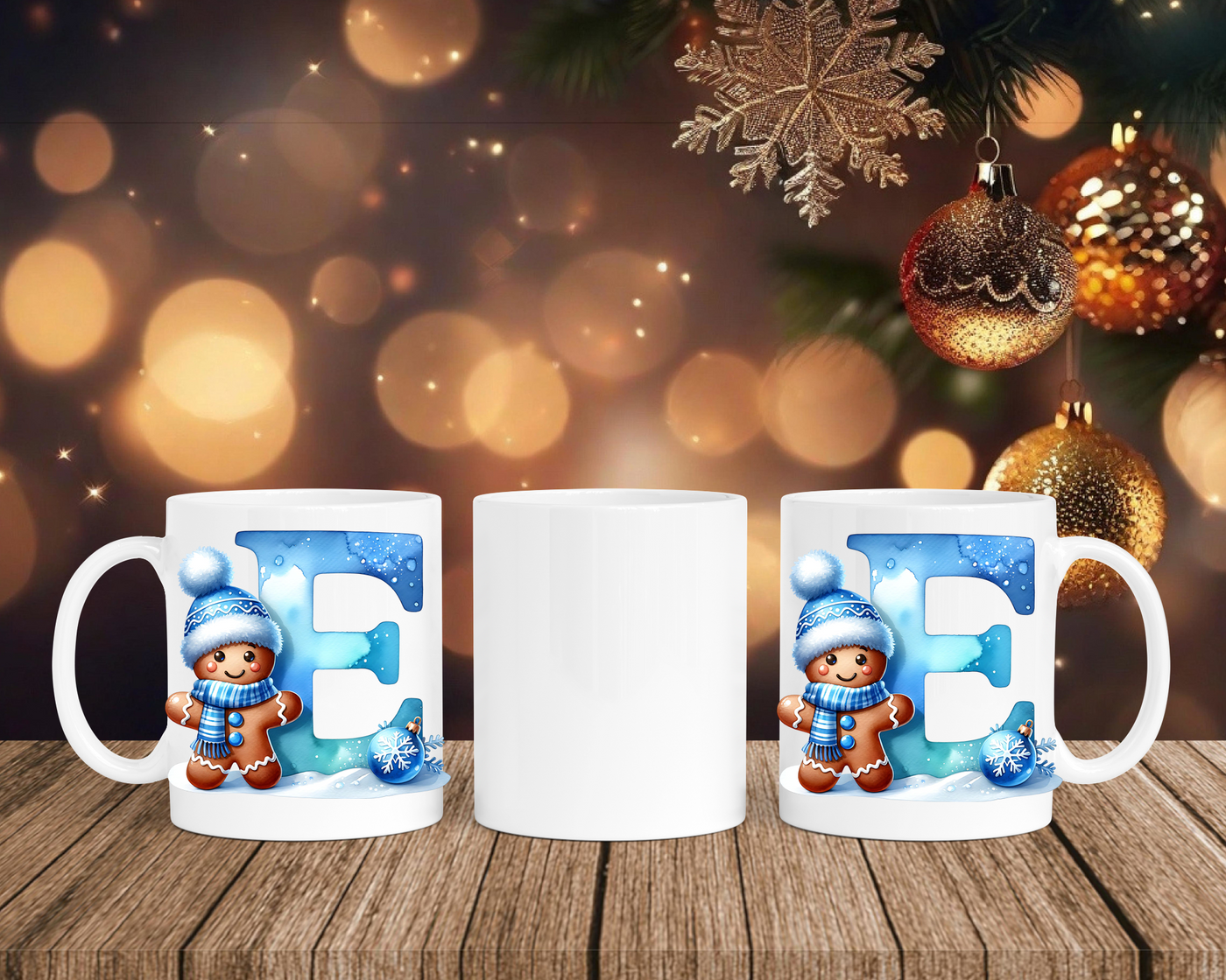 Personalisierte Keramik-Tasse in Weiß-mit Lebkuchen Blau-Alphabet & Namen