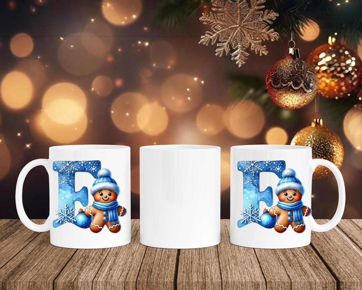 Personalisierte Keramik-Tasse in Weiß-mit Lebkuchen Blau-Alphabet & Namen
