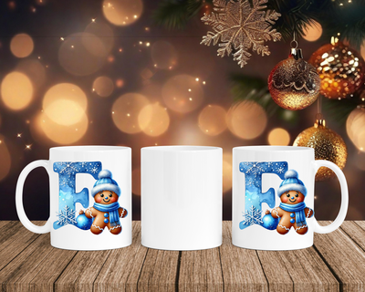 Personalisierte Keramik-Tasse in Weiß-mit Lebkuchen Blau-Alphabet & Namen