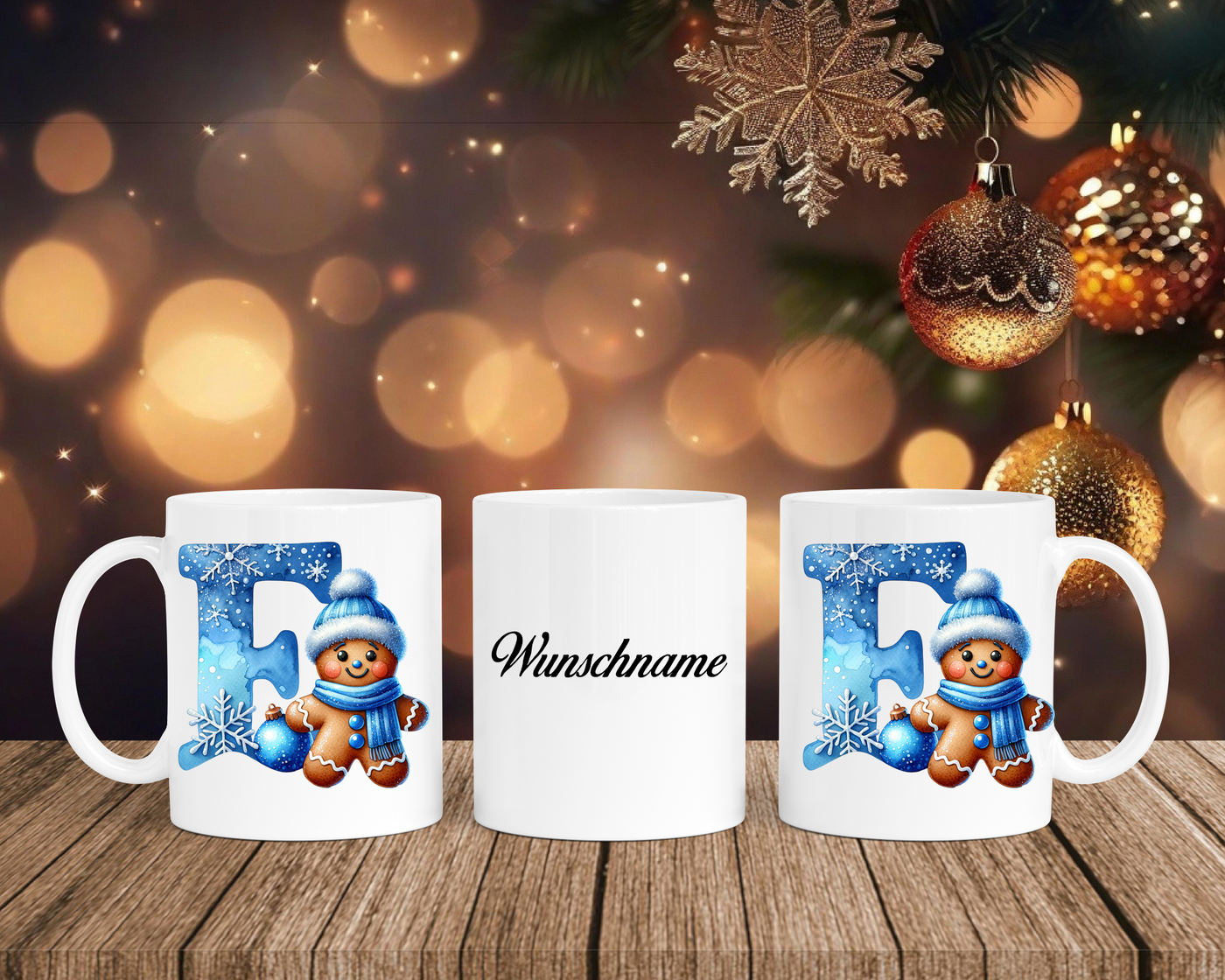 Personalisierte Keramik-Tasse in Weiß-mit Lebkuchen Blau-Alphabet & Namen
