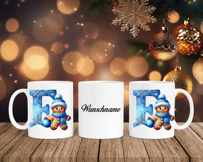 Personalisierte Keramik-Tasse in Weiß-mit Lebkuchen Blau-Alphabet & Namen