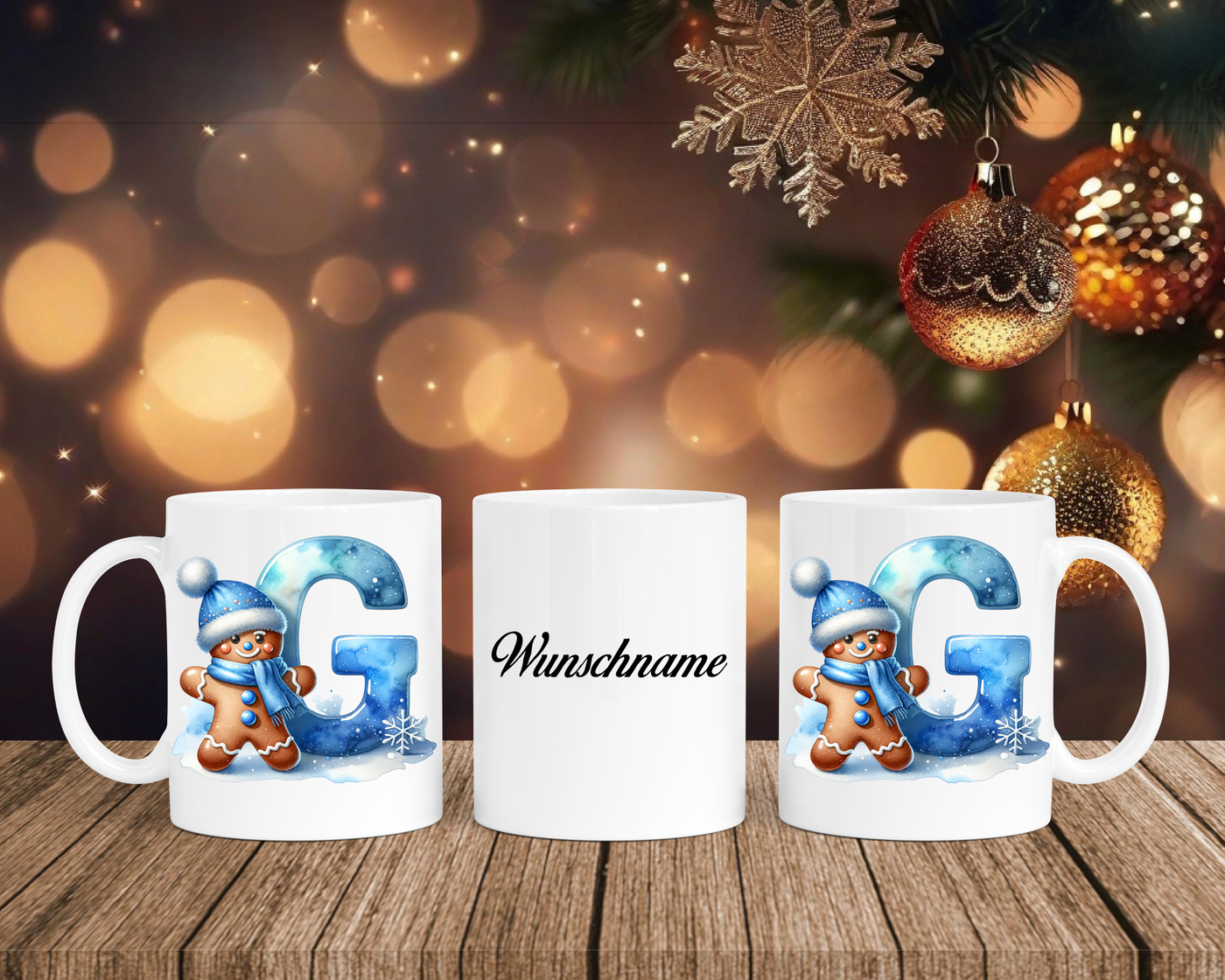 Personalisierte Keramik-Tasse in Weiß-mit Lebkuchen Blau-Alphabet & Namen