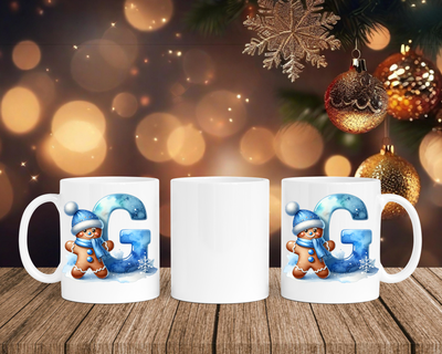 Personalisierte Keramik-Tasse in Weiß-mit Lebkuchen Blau-Alphabet & Namen