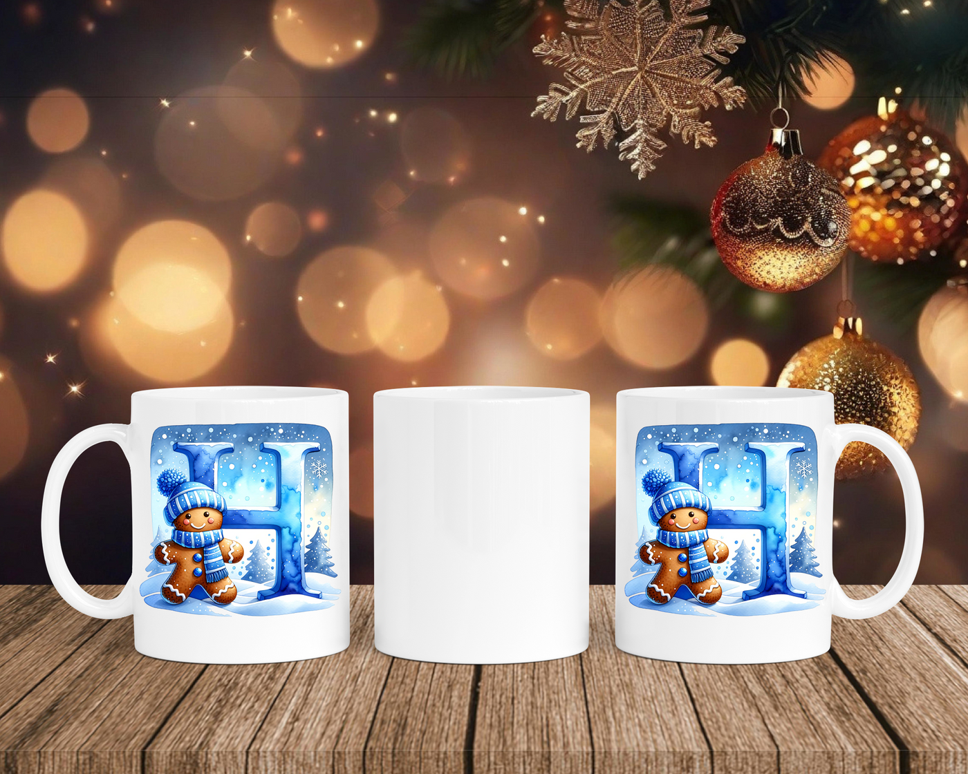 Personalisierte Keramik-Tasse in Weiß-mit Lebkuchen Blau-Alphabet & Namen